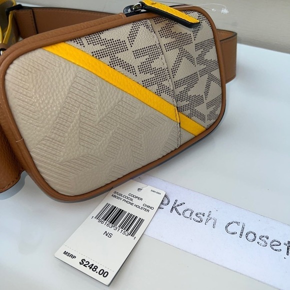 Michael Kors Cooper Crossbody Bag Logo Smartphone MK Signature Holster Chino - Picture 8 of 9